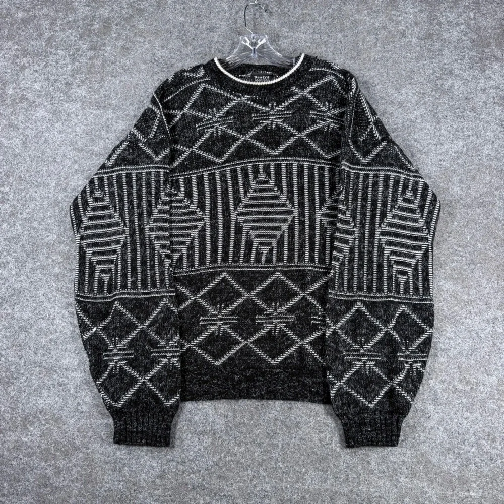 New Era Sweaters Men's M Black White Geometric Knit Pullover Crewneck Made USA