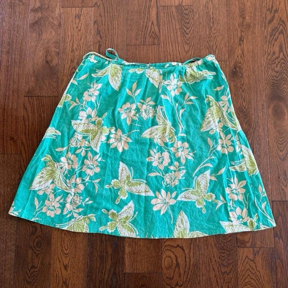 Karen Scott Sport Women's 22W Green Butterfly Floral Linen Blend Belted Skirt