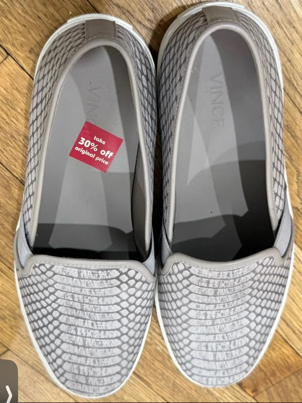 VINCE Grey - Tan Snake Embossed Leather Slip On Sneaker Shoe Women Size 8.5