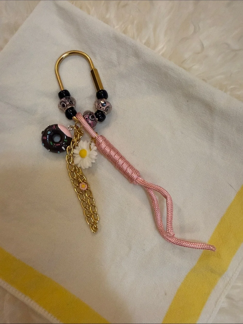 Pink Tassel Daisy & Donut Charm Keychain with Gold Chain bag charm