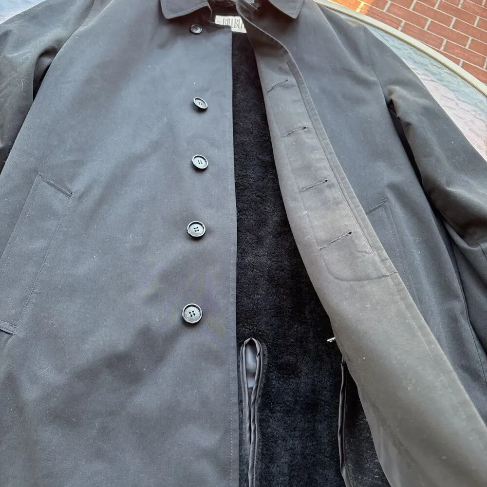 Bill Blass Menswear Black Trench Coat Button Front Zip Out Faux Fur Lining Large