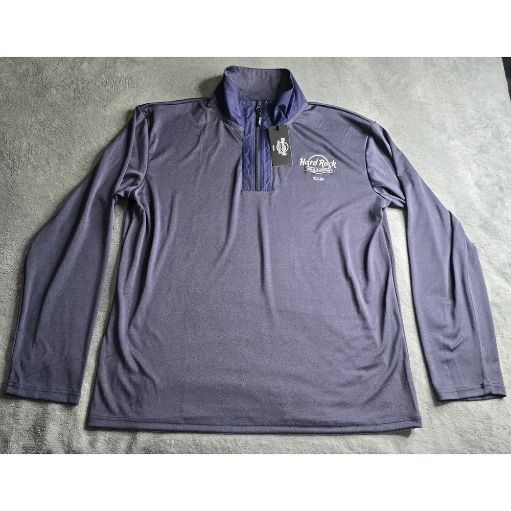 NWT Hard Rock Performance 1/4 Zip Mens 2XL Blue L/S Tulsa Oklahoma Stretch