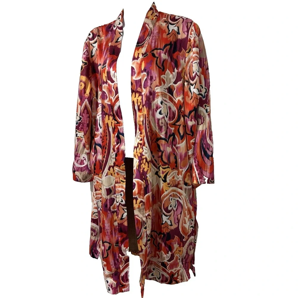 Chico's Satin Duster Kimono Jacket~L~Pink Paisley Print Evening Resort Boho Luxe