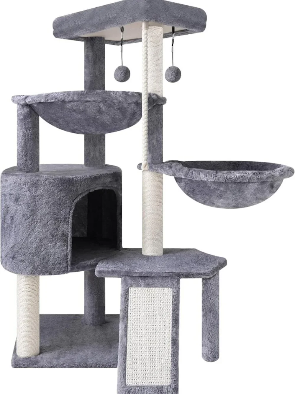 Cozy Three-Tier Cat Tree with Condo & Two Hammocks - Stylish Grey Cat Furniture