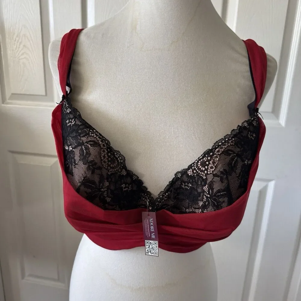 Adore Me Womens Bra Plus 42H Sexy Love Date Night Black Lace‎ Intimate Red