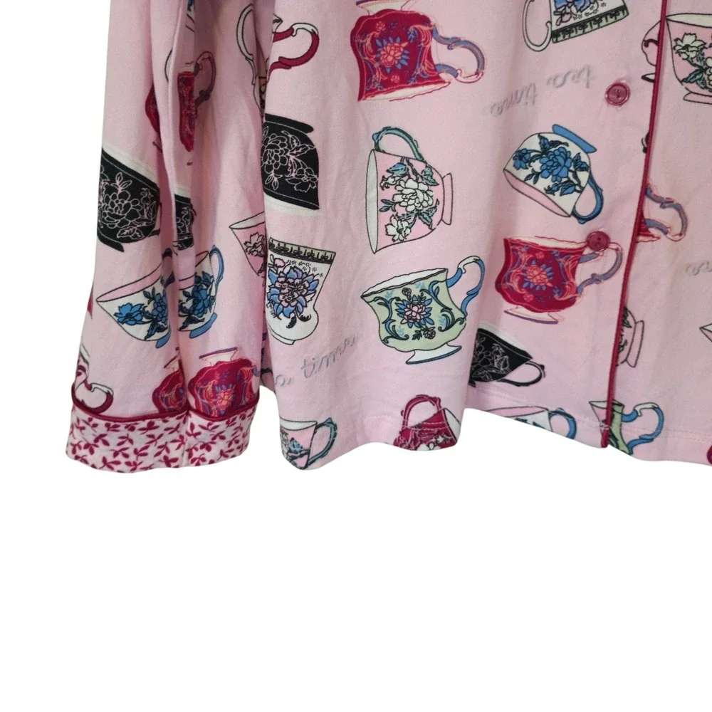 Flora Nikrooz Pink Tea Time Teacup Print Pajama Top Long‎ Sleeve Button Down M