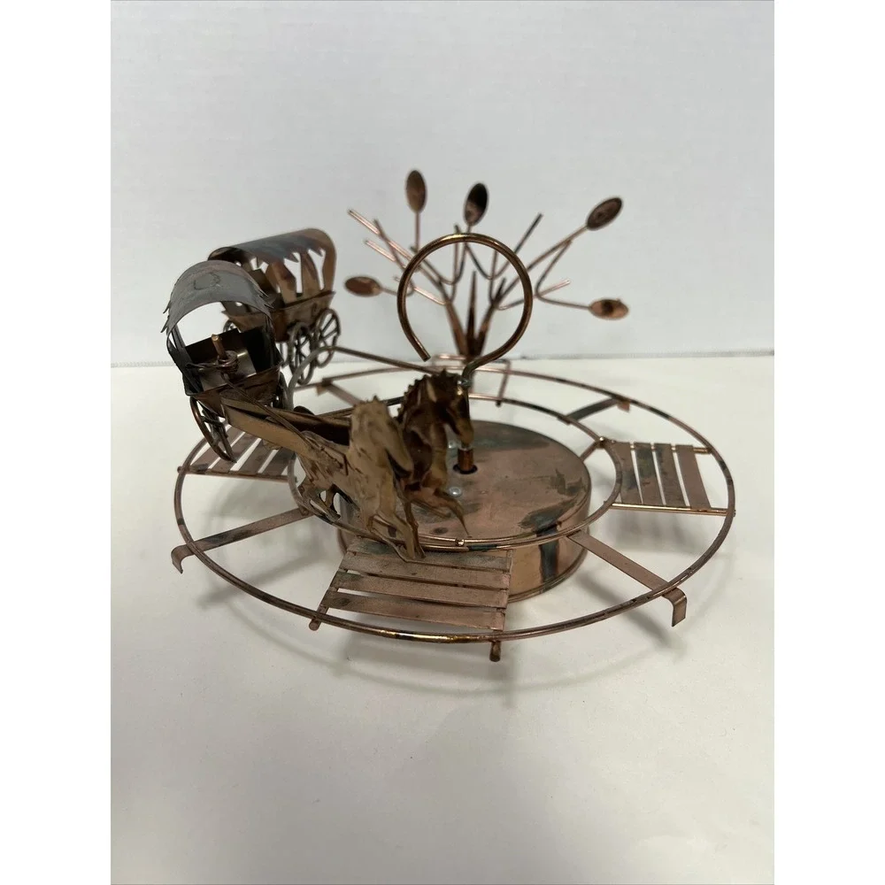 Vintage‎ KTC Horse Wagon Moving Brass Metal Folk Art Music Box Plays 