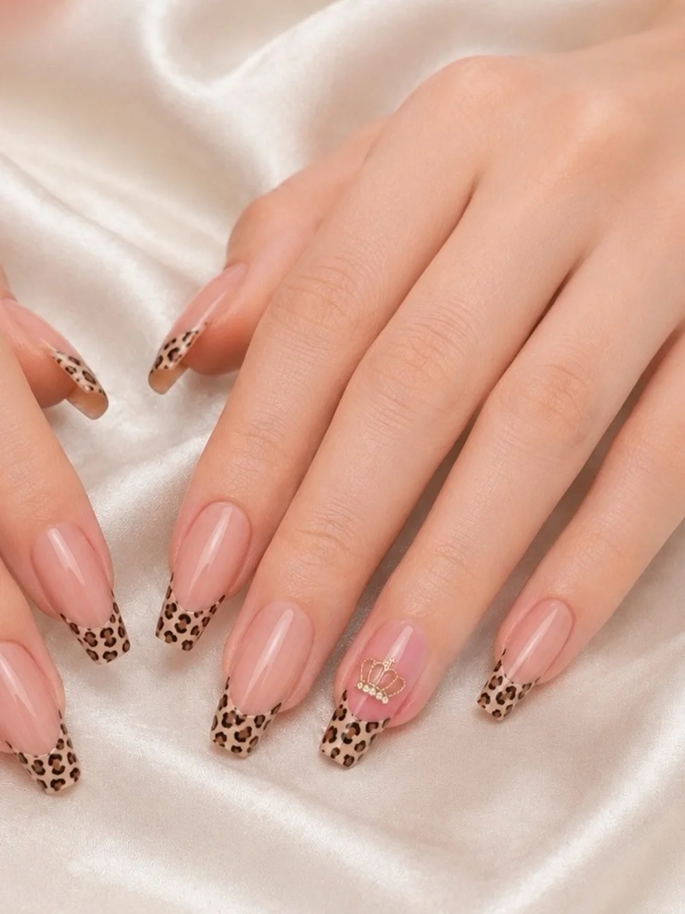 Leopard French Tip Press-On Nails in Nude with Gold Crown Accent