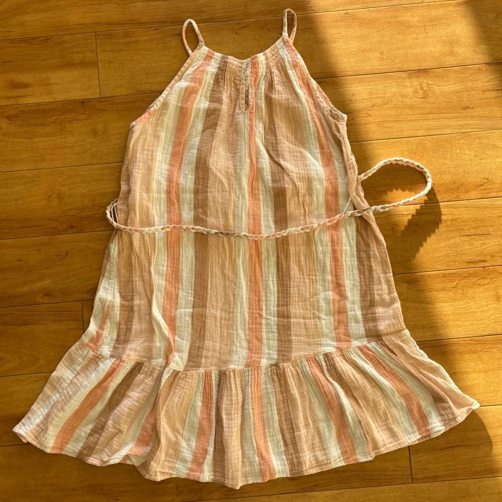 Indigo Rose Striped Gauze Halter Dress Belted‎ Tiered Ruffle Midi Women's L