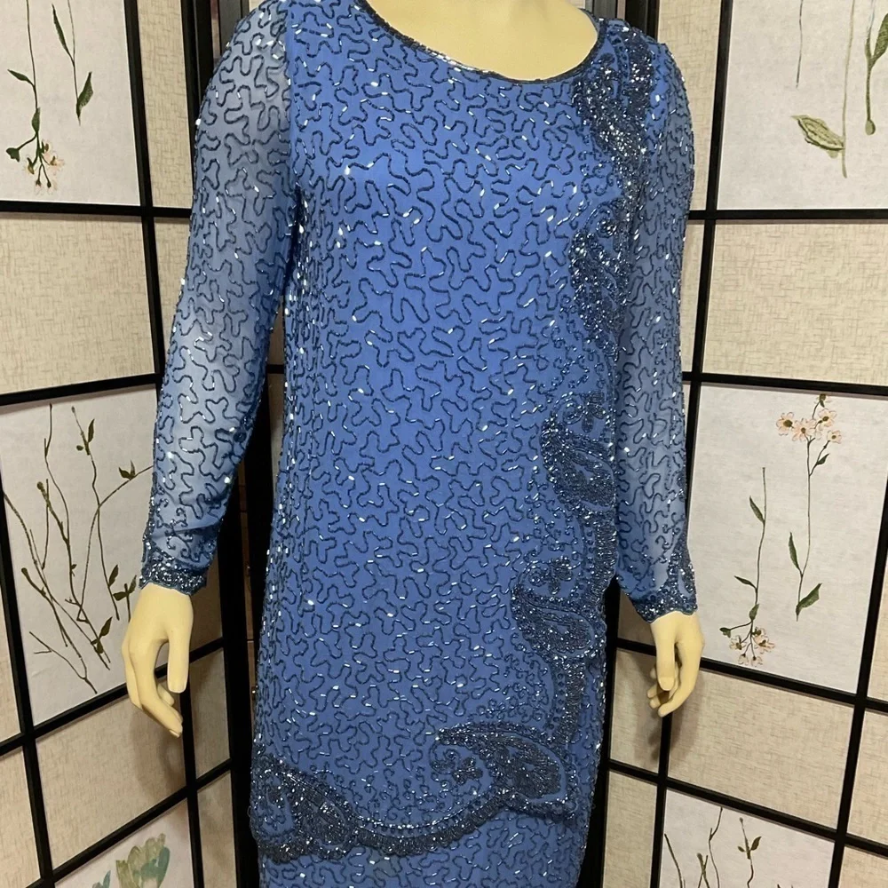 NITELINE by Della Roufogali Vintage 100% Silk Beaded Cocktail Dress Size 8