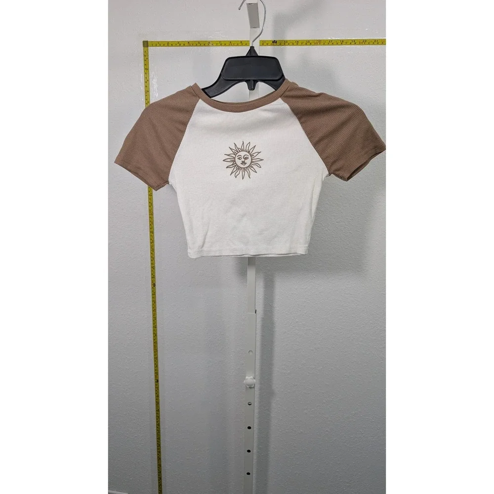SHEIN Teen Girl Sun Graphic Raglan Crop Top Brown White Ribbed Shirt Size 12-13Y