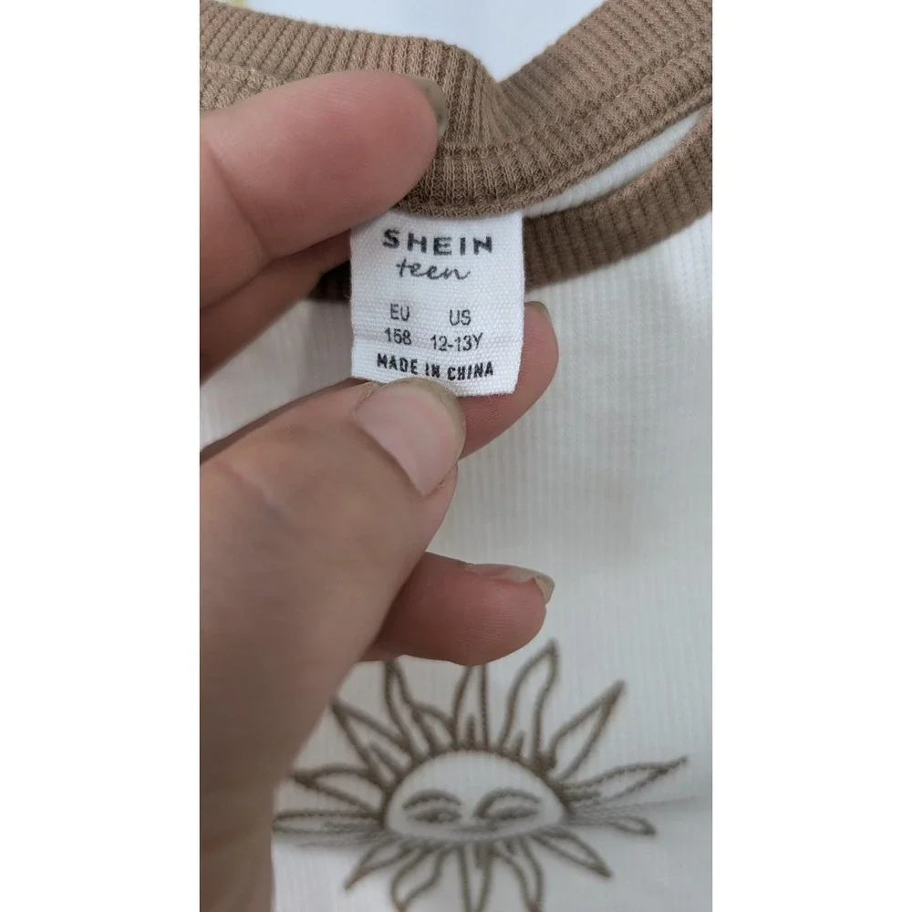 SHEIN Teen Girl Sun Graphic Raglan Crop Top Brown White Ribbed Shirt Size 12-13Y