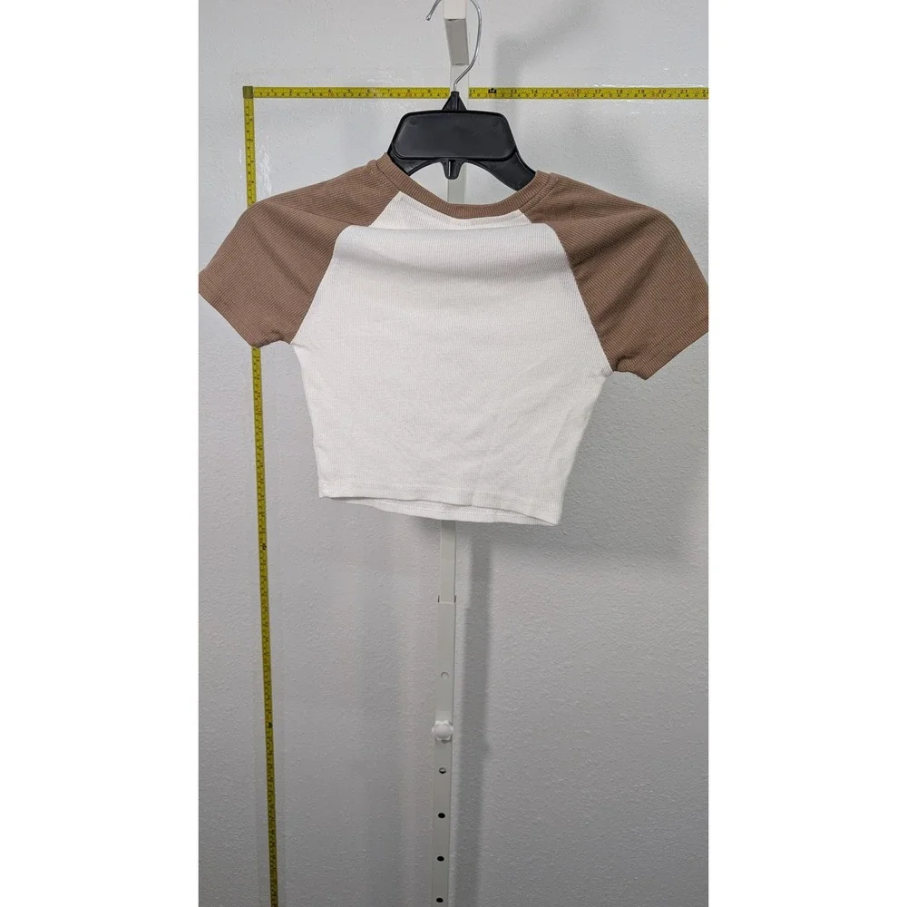 SHEIN Teen Girl Sun Graphic Raglan Crop Top Brown White Ribbed Shirt Size 12-13Y