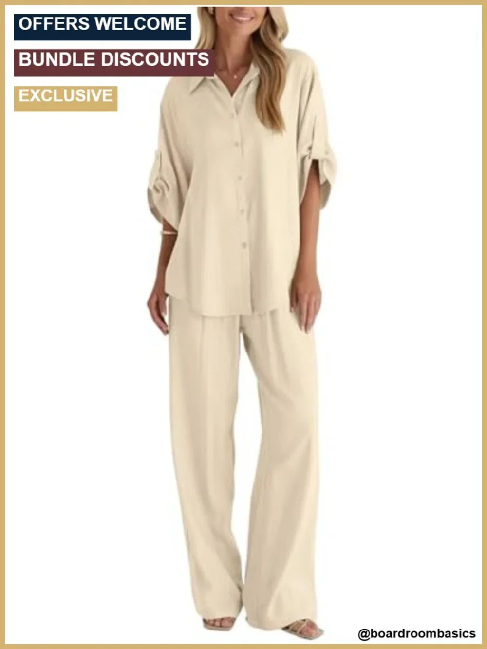 Women's 2 Piece Linen Button Up Shirt and Wide Leg Pant Set Lounge Business