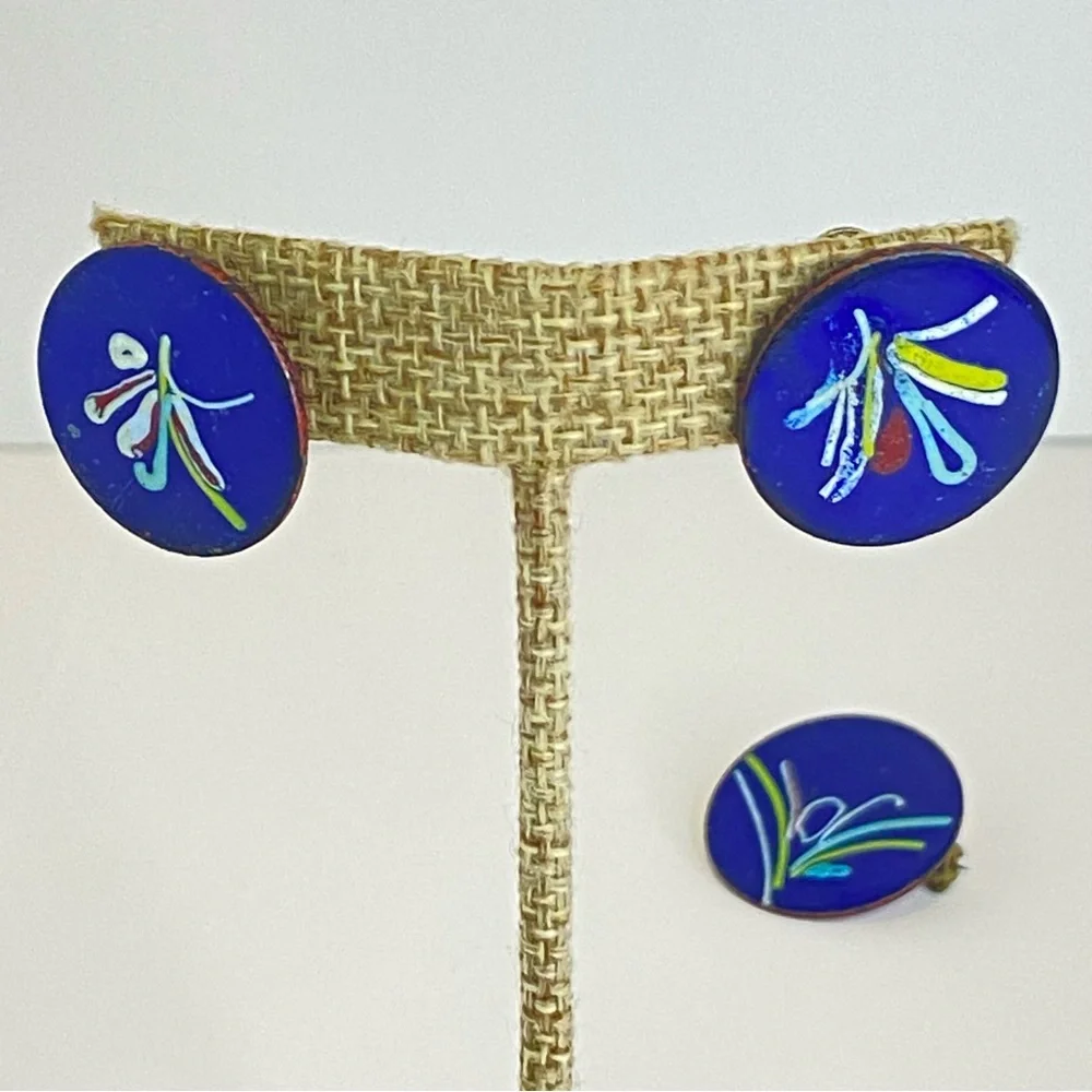 Vintage Copper Enamel‎ Earrings Brooch Set Blue Floral Screw Back Mid Century