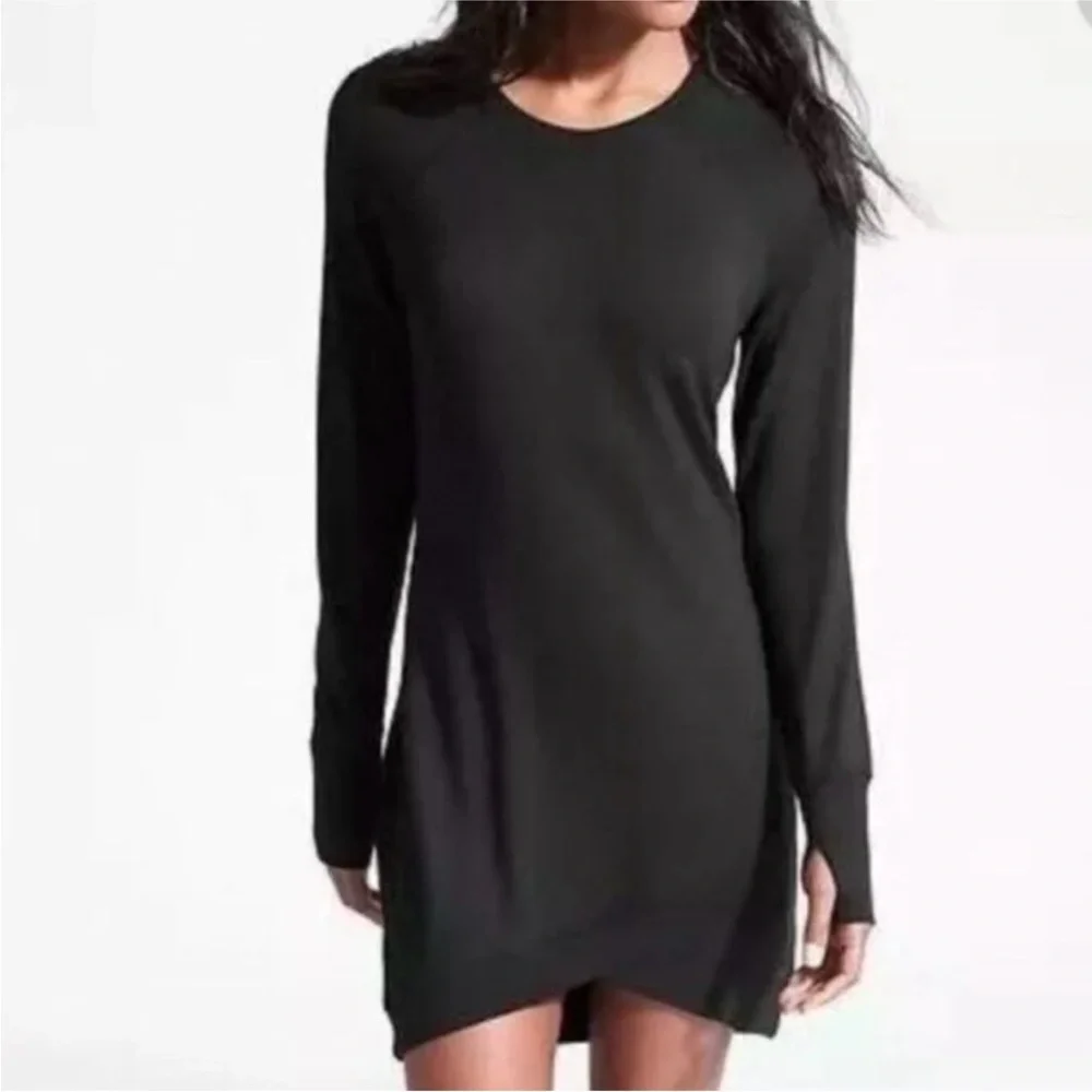 Athleta Criss Cross Black Sweater Dress Soft Jersey Stretch Long Sleeve XS Comfy