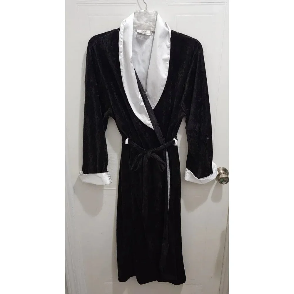 Vintage Audrey Lane Women's Black Velvet Robe White Satin Trim Belted‎ Sz Medium