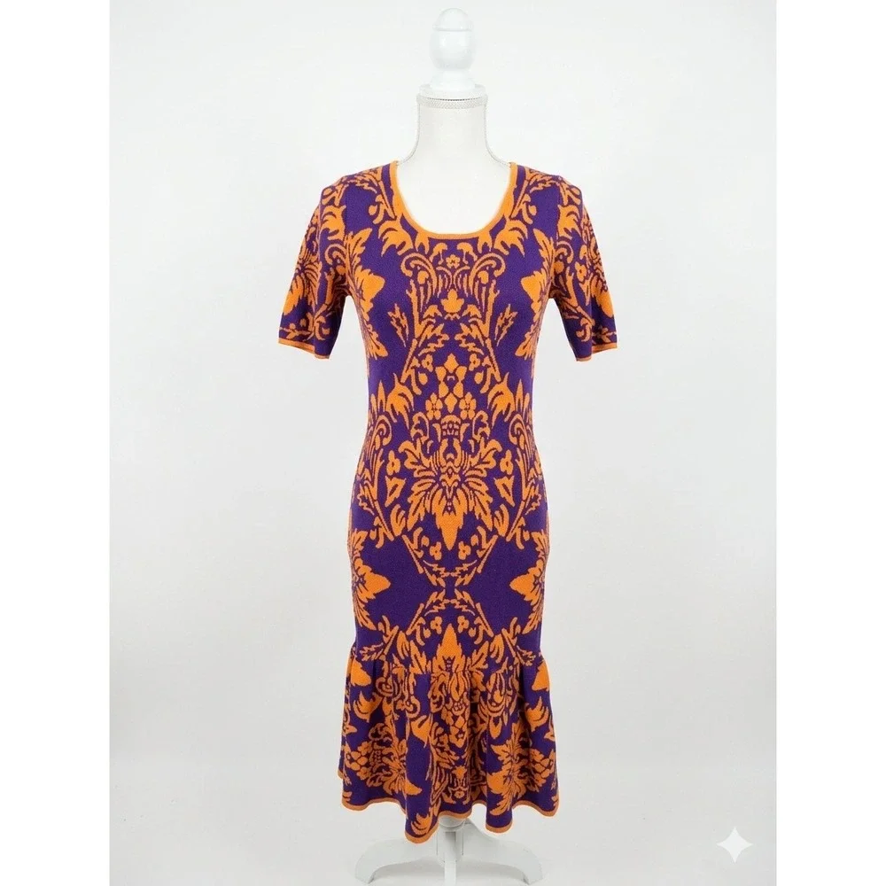 Jealous Tomato‎ Purple Orange Damask Knit Mermaid Midi Dress JSH1547 Womens M