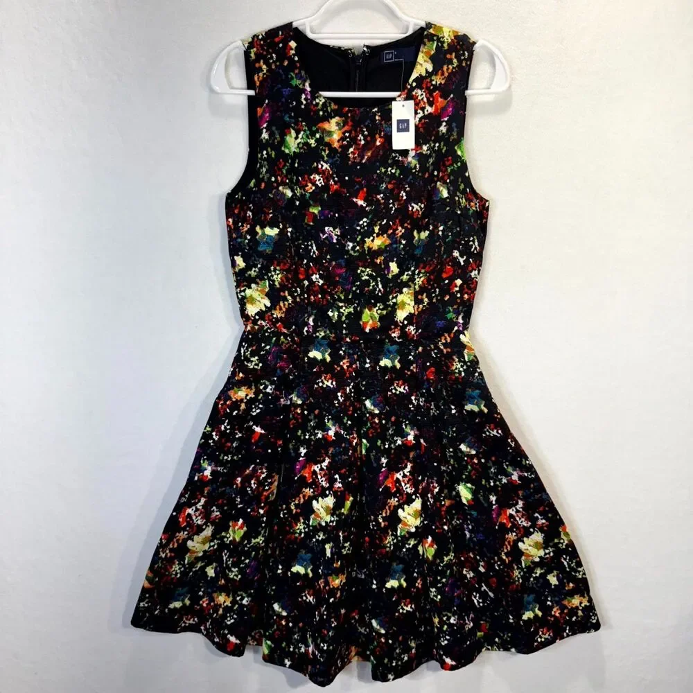 Gap Women's Confetti fit & flare Black Floral Printed Sundress Womens Size 0 NEW