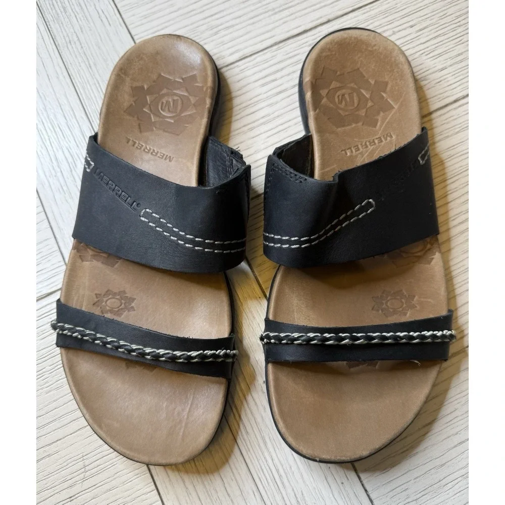 Merrell Shundra Women Sz 8 Black Casual Flip Flop Slide Sandal Shoes Boho Nature