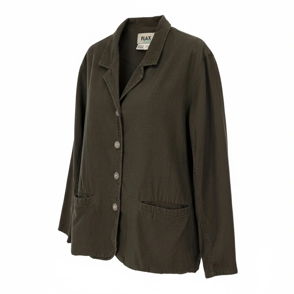 FLAX 100% Cotton Lagenlook Jacket Blazer Olive‎ Button Front Pockets Women’s M