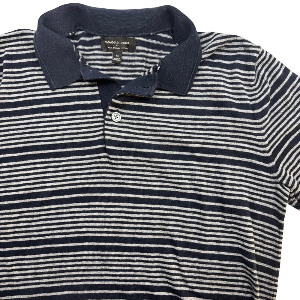 Banana Republic Mens Organic Cotton Knit Polo Shirt Navy Blue Grey‎ Striped M