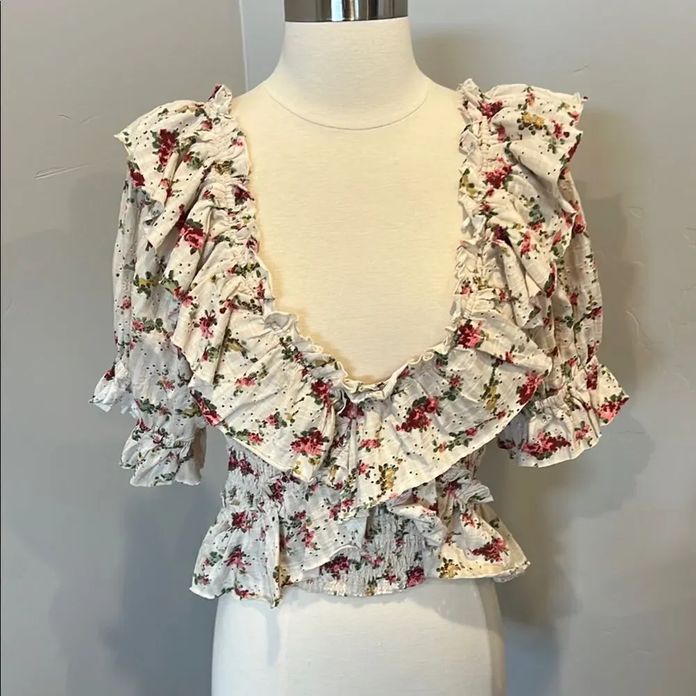 Free People Cream Ruffled Peplum Blouse