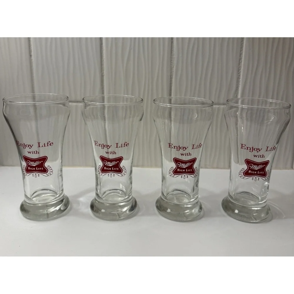VTG Miller High Life Collectible Beer Glass Set 4 Logo Breweriana Barware MCM