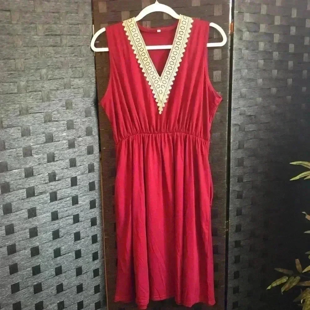 Red V-Neck Ruffled Dress