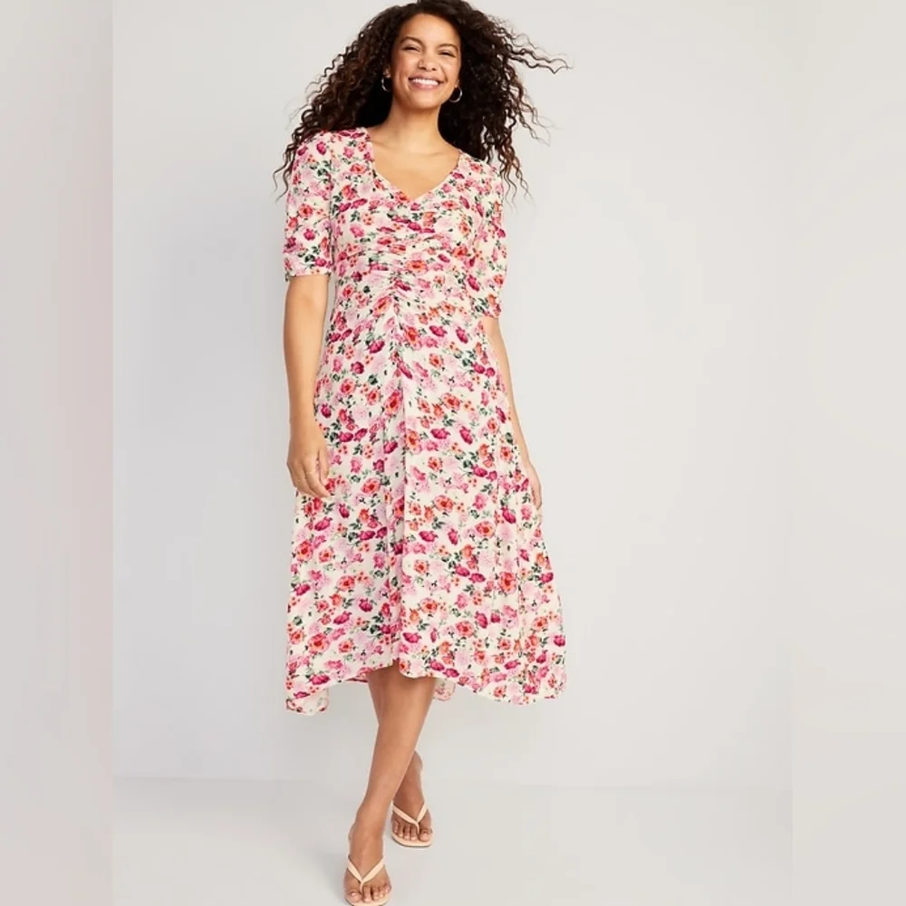 Old Navy Puff-Sleeve V-Neck Crepe Midi Dress Floral Pink Red Size‎ Small
