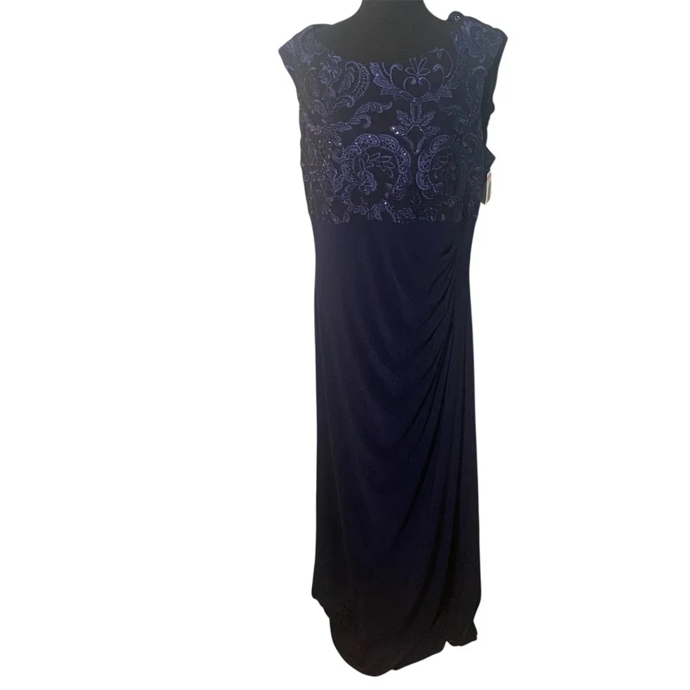 Alex Evenings Navy Blue Beaded Lace Gown Formal Evening Wedding Guest Size‎ 18