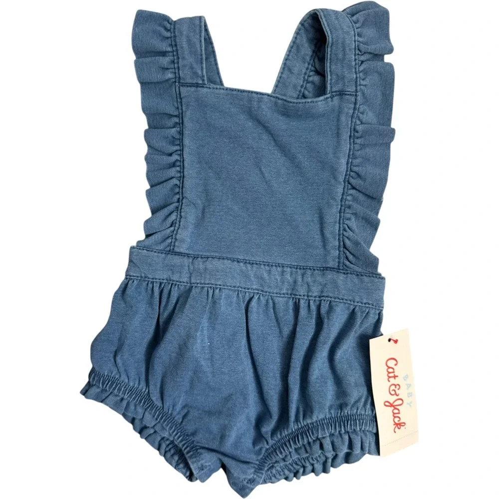 Cat & Jack Baby Girls‎ Ruffle Strap Denim Romper Blue 3-6M New NWT
