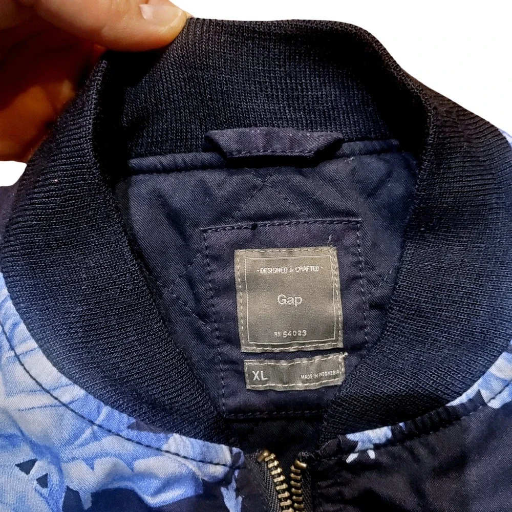 Gap Women Navy Blue‎ Floral Print Bomber Full Zip Jacket Lightweight Size XL
