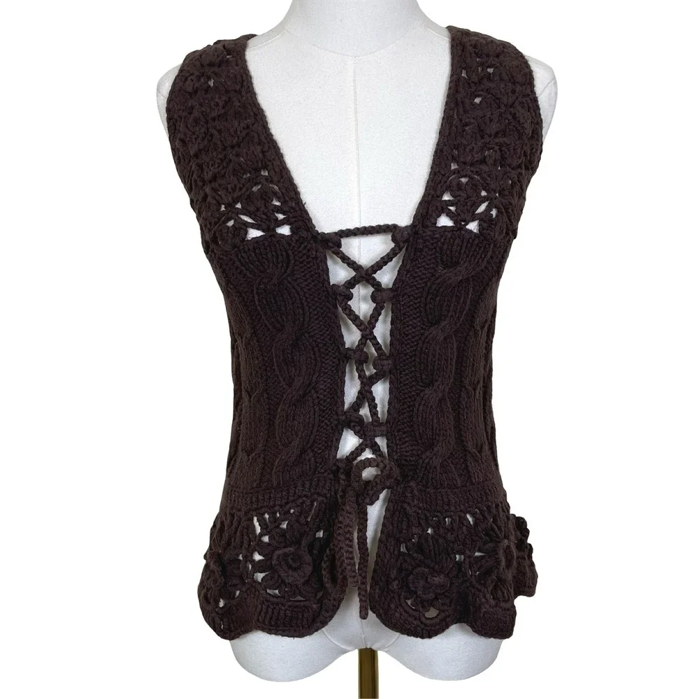Vintage Nellik Crochet Lace Up Vest Women XS Brown Knit Floral Boho Festival Y2K