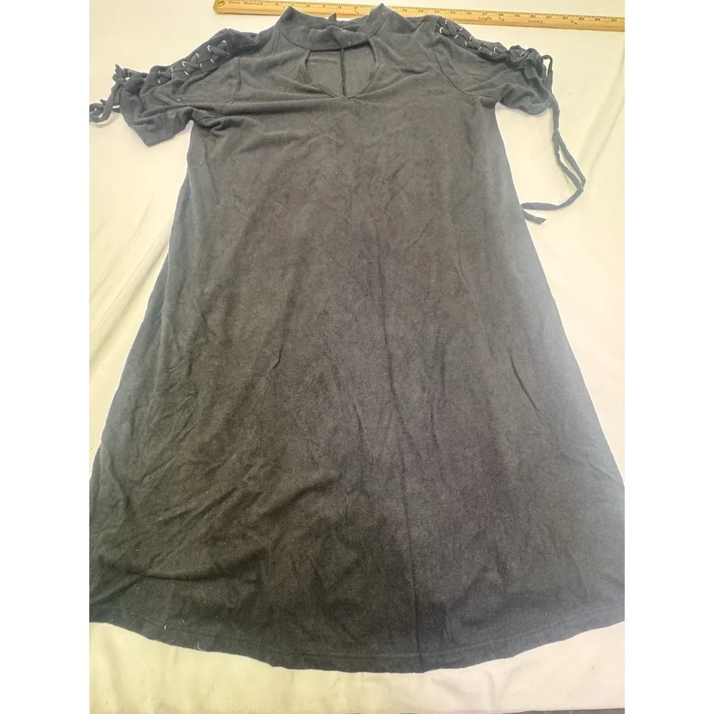 T Shirt Dress Women Cutout Black Ribbon Lace Up Slve Knee Length Western Size S‎