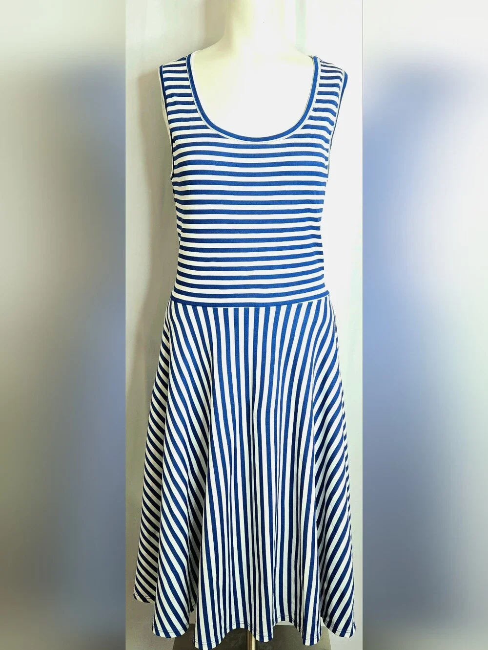LuLaRoe‎ Blue & White Nautical Stripe Fit & Flare Pocket Dress Coastal M NWOT
