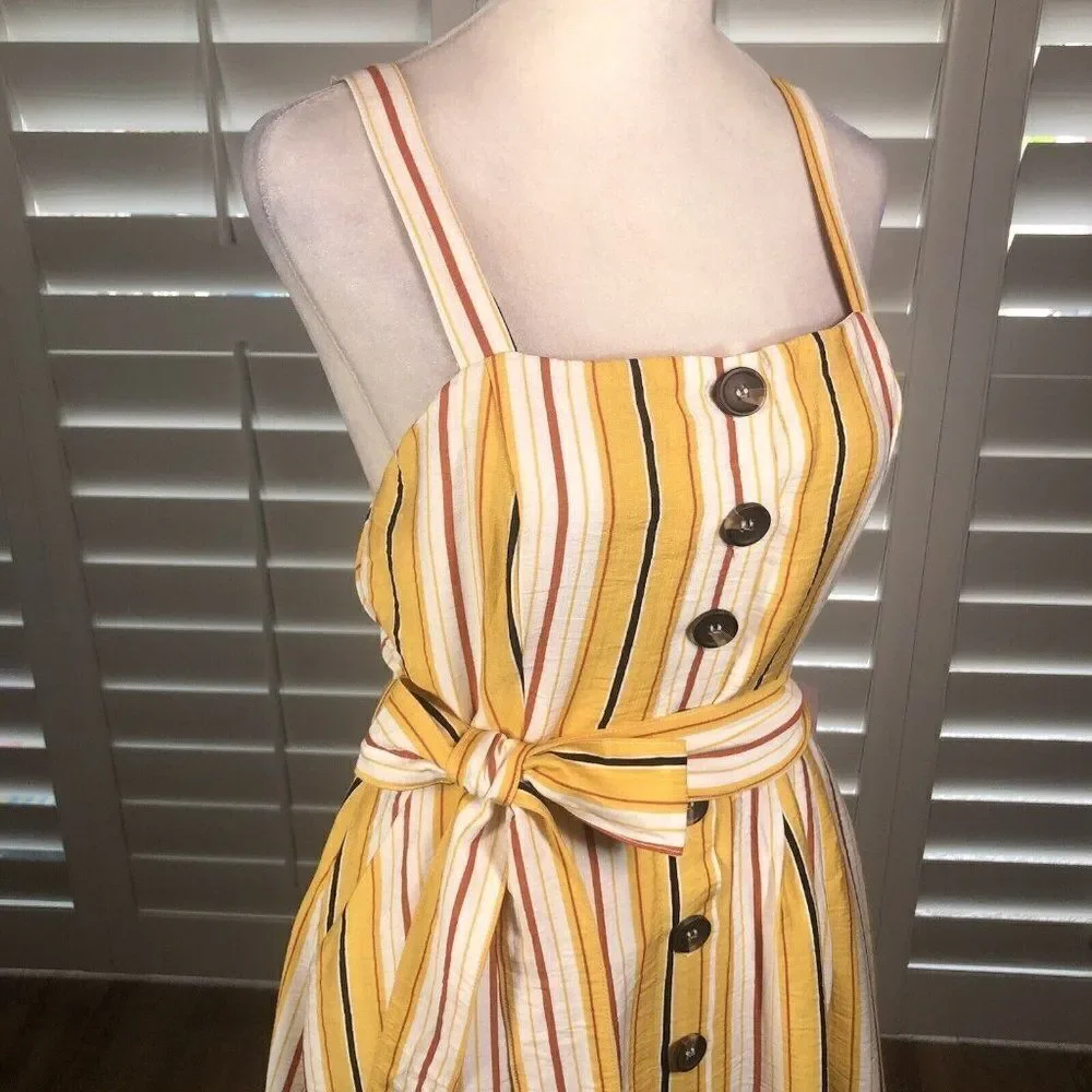 NEW Fashion On Earth Yellow Striped Sundress Small Backless Button Front Summer