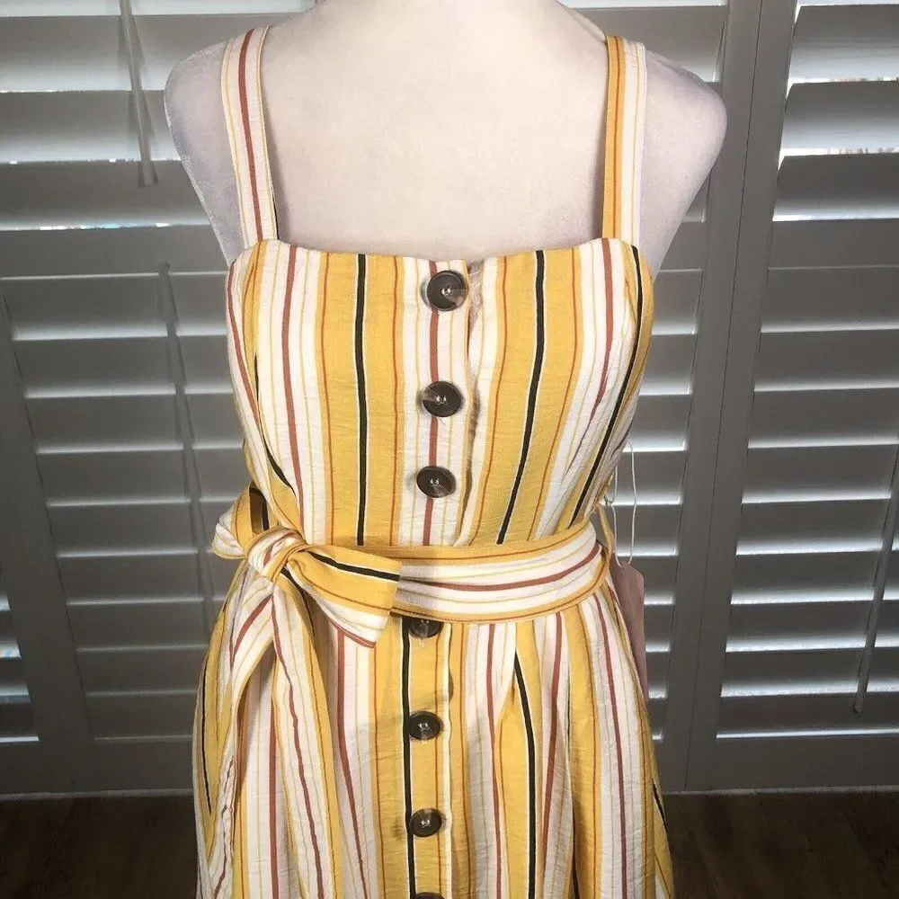 NEW Fashion On Earth Yellow Striped Sundress Small Backless Button Front Summer