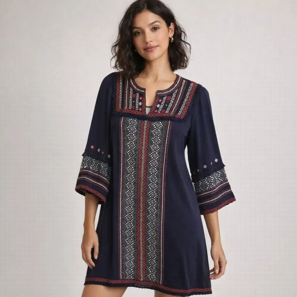 Anthropologie Akemi + Kin Tessa Dress Womens Sz 8 Navy Embroided Boho Festival