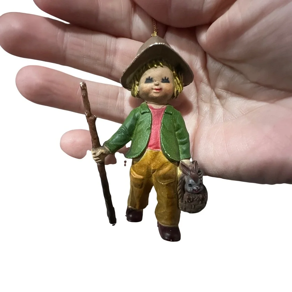 Vintage Hong‎ Kong Boy Figurine Ornament Hiker with Bunny Basket Walking Stick