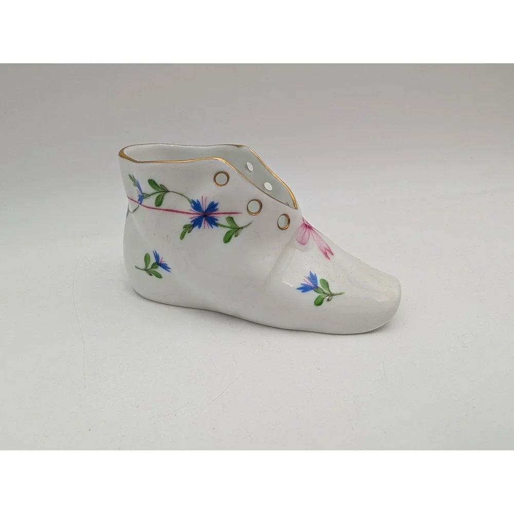 Herend Hungary Porcelain Baby Shoe Figurine White Floral Gold Trim