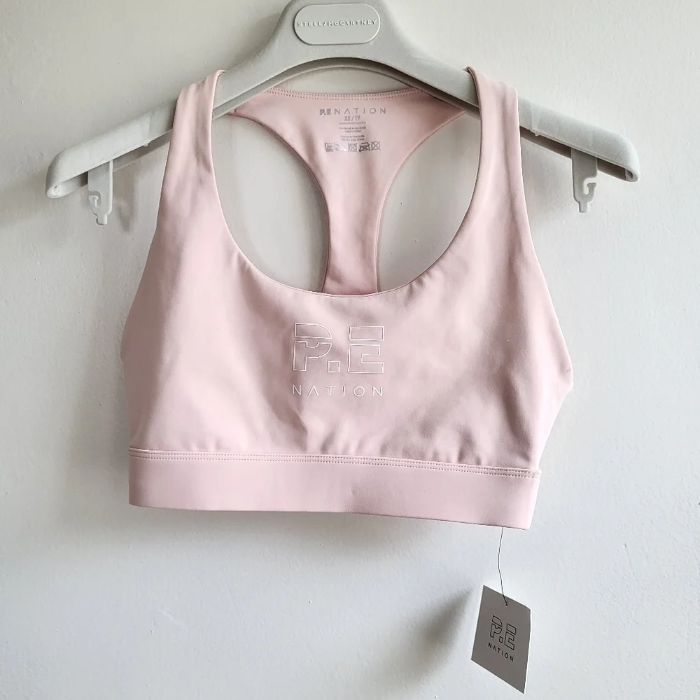 New P.E Nation Logo Scoopneck Racerback Light Pink/White Sports Bra NWT XS