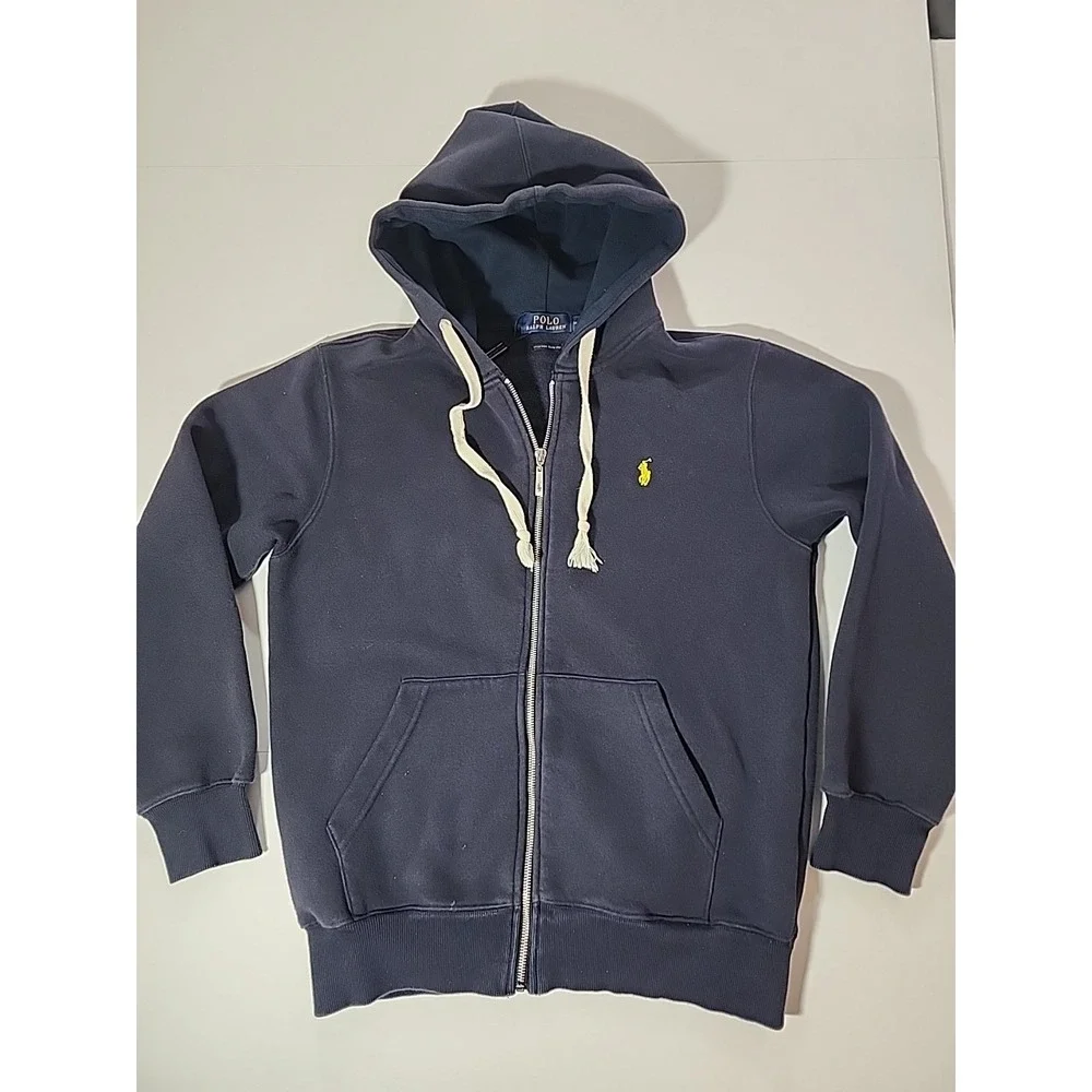 Vtg‎ Polo Ralph Lauren Full Zip Hoodie Medium Navy Blue Yellow Logo Slim Fit