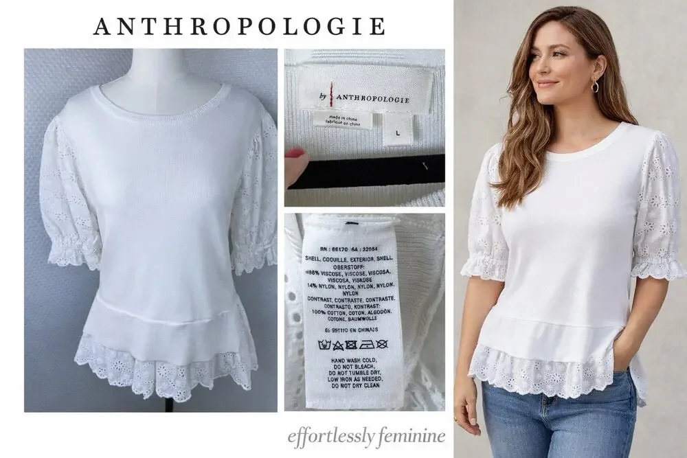 Anthropologie English Factory Eyelet Puff-Sleeve Sweater Tee Anthro Large