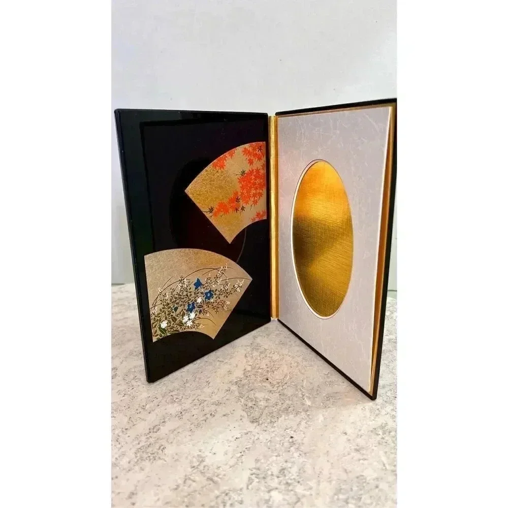 Denso Black Gold Floral Print Hinged Double Wall Bifold Folding Picture Frame ne