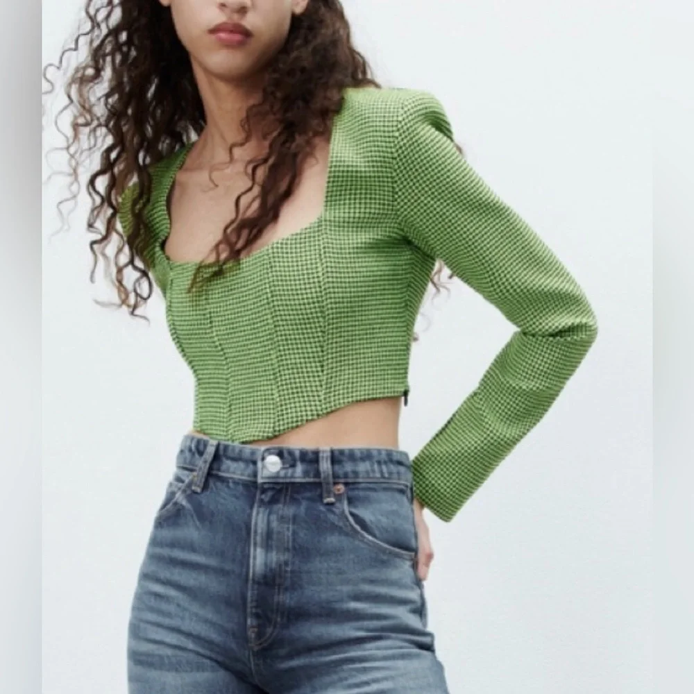 Zara women’s green houndstooth crop top blouse size small new‎