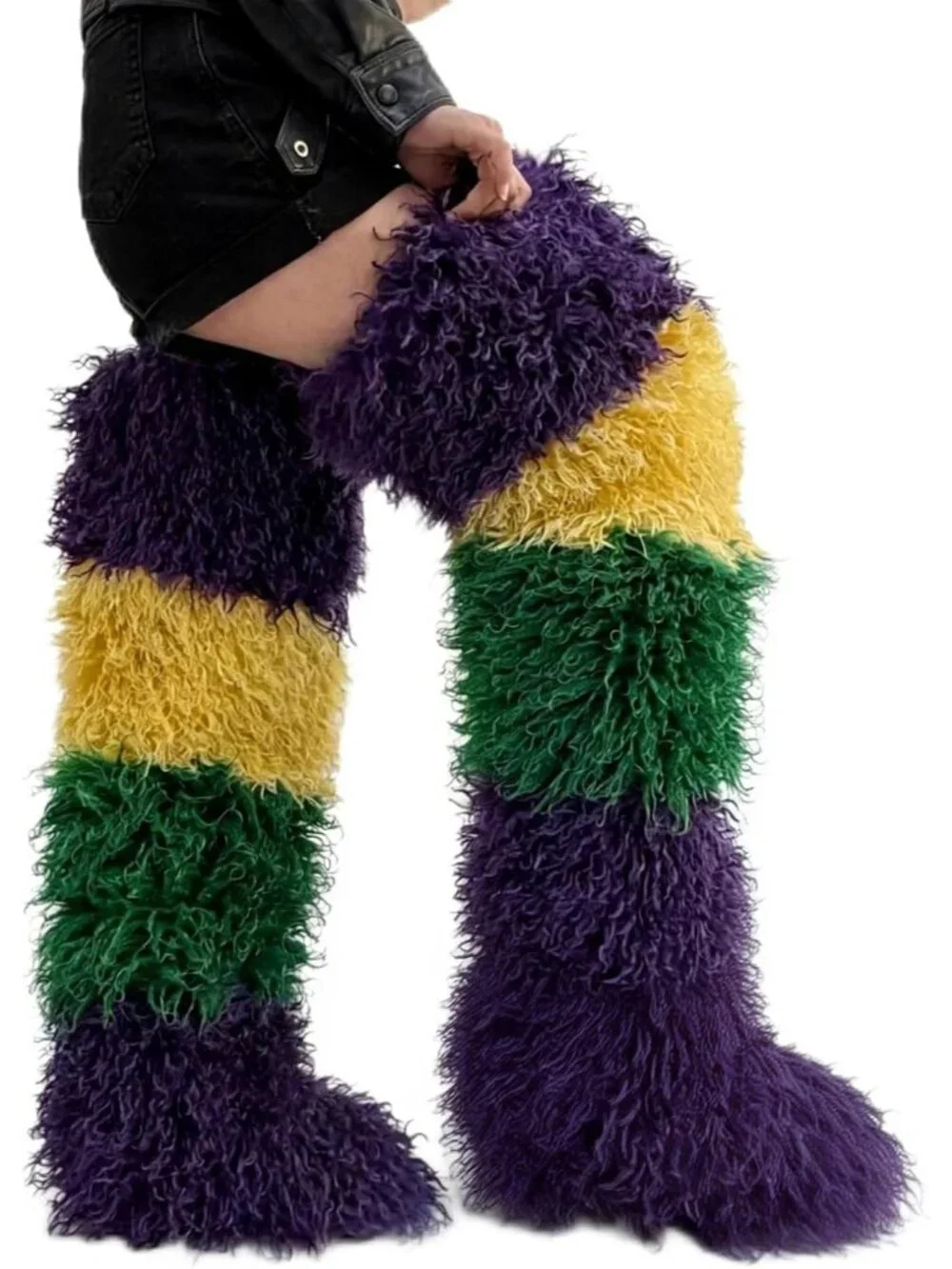 Women's Multi Color Round Toe Comfort Over The Knee Fluffy Fur Thigh High Boots