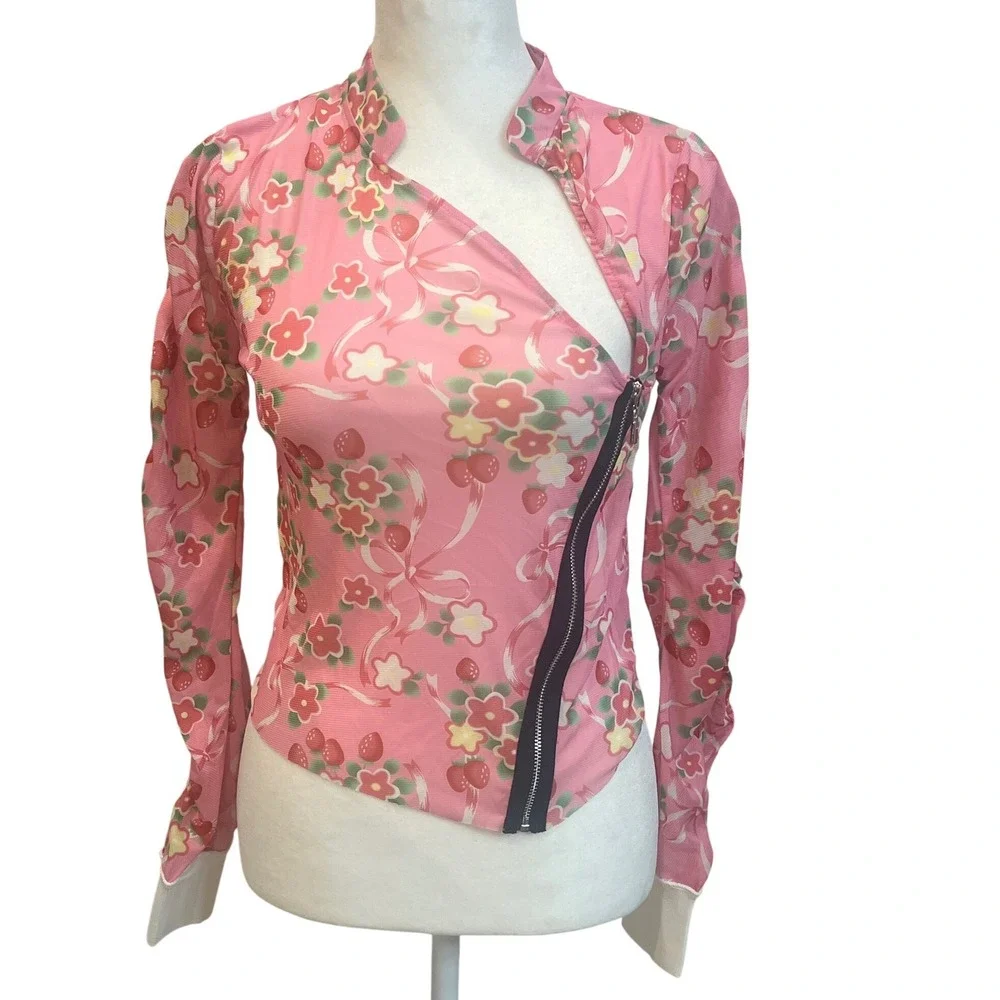 m.ARCHIVE Marchen Pink Strawberry‎ Floral Mesh Zipper Cutout Top M