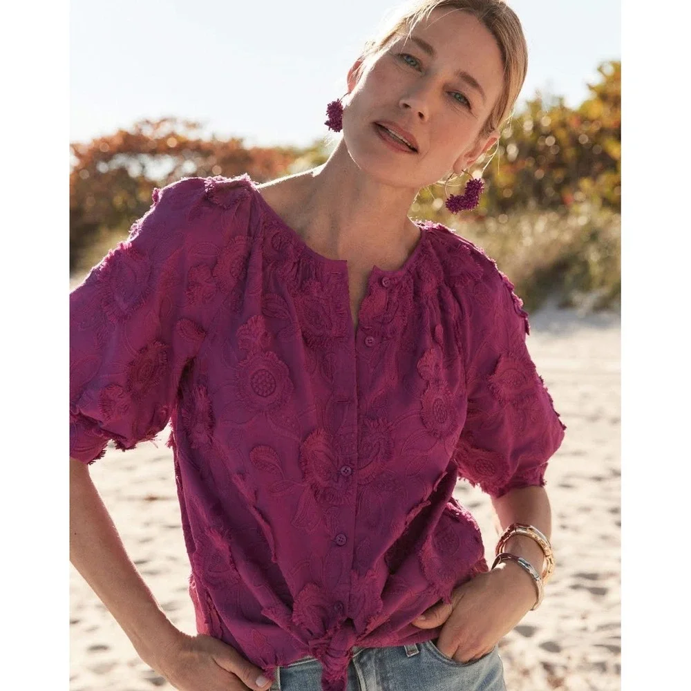 CHICO Magenta Floral Embroidered Puff Sleeve Button Front Blouse Boho Pink Top‎