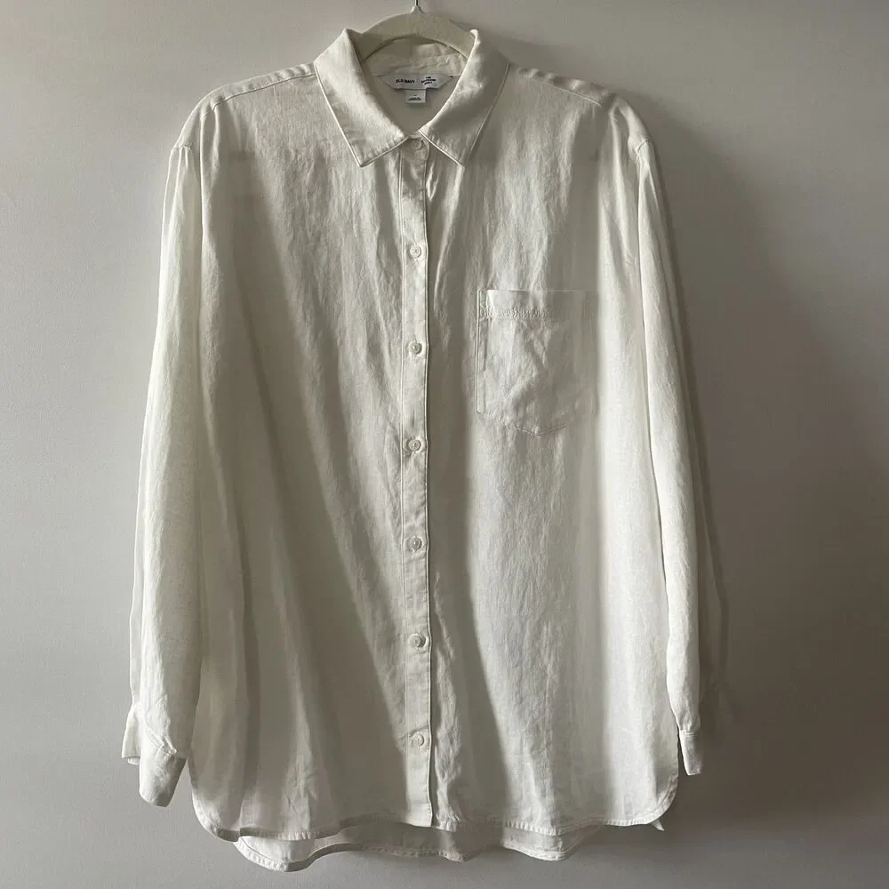 Old Navy Boyfriend Shirt Button Front Long Sleeve White Linen Blend Size M